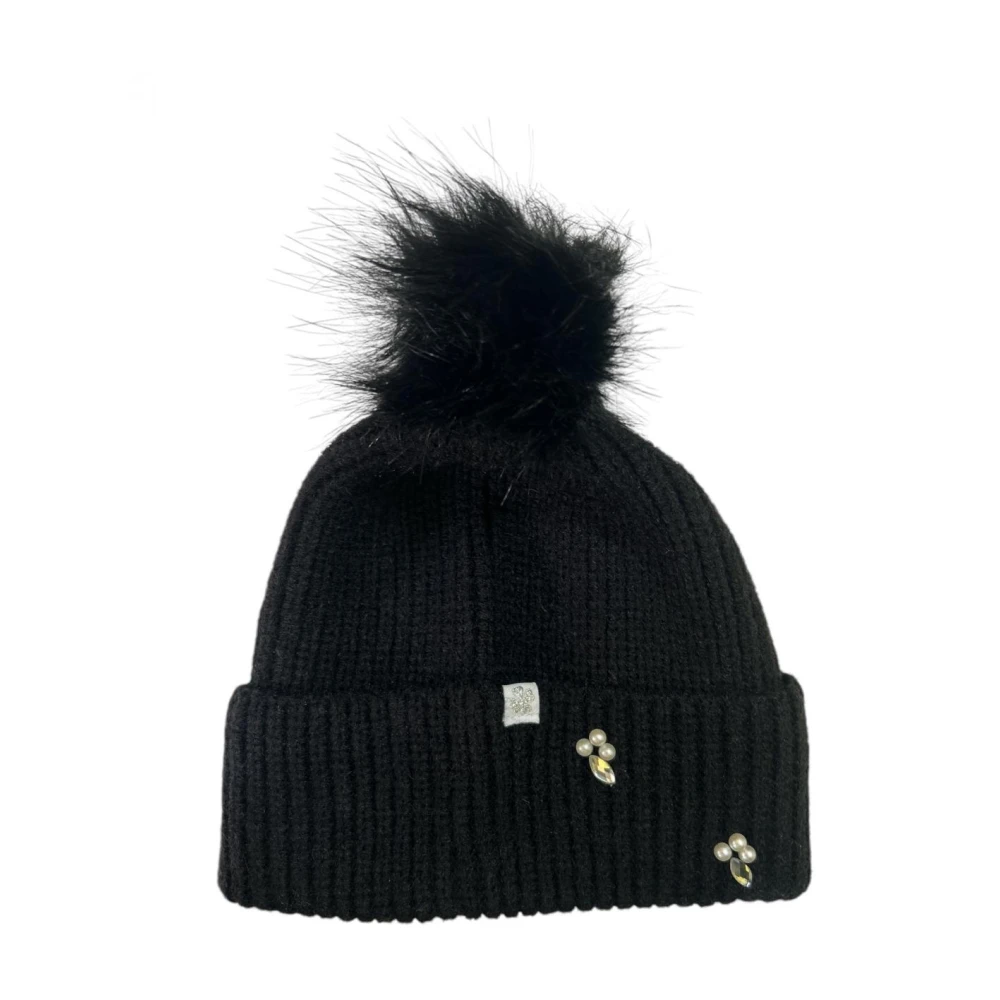 Molly Bracken Geribbelde acryl muts met nepbont pom Black Dames