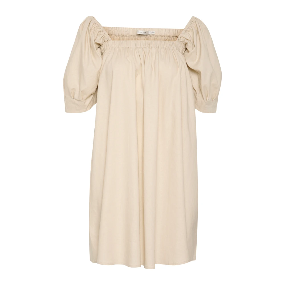Gestuz Vrouw Beige Korte Linnen Jurk Met Ruches