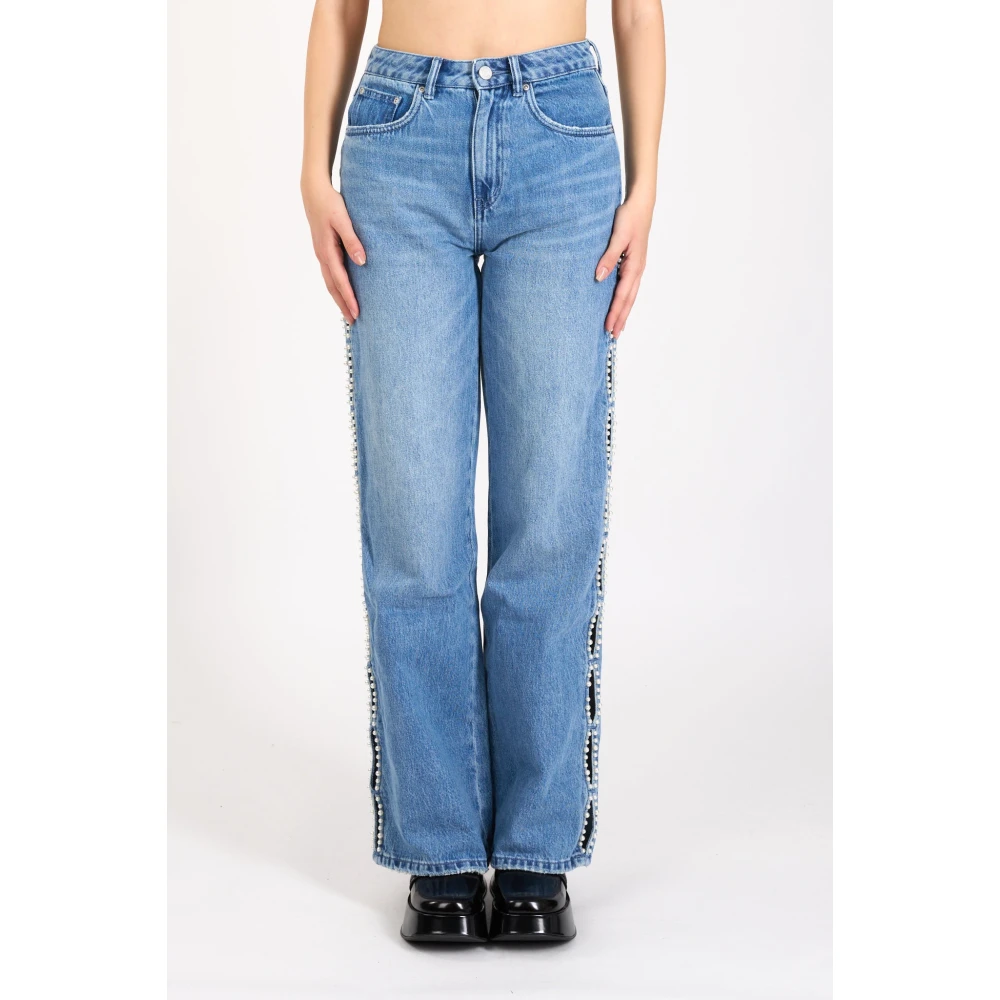 Purple Brand Wijde Pijp Denim Jeans met Parel Detail Blue Dames
