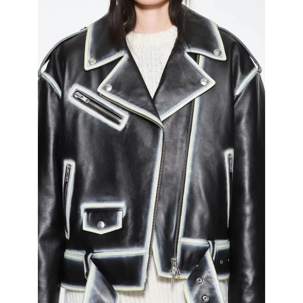Stand Studio Oversized Leren Jas met Ritsdetails Black Dames