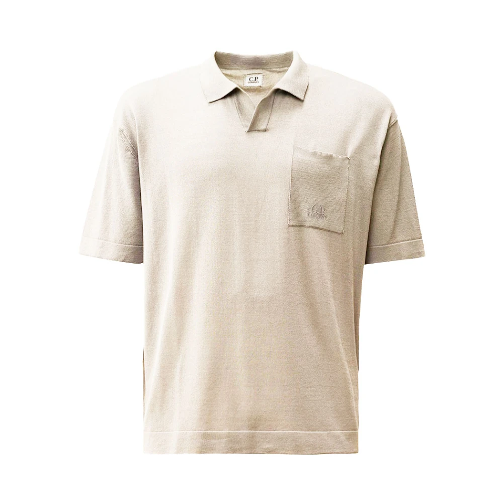 C.p. Company Men's Beige Polo Shirts,, Short-Sleeved Fine Knit Polo Shirt Large