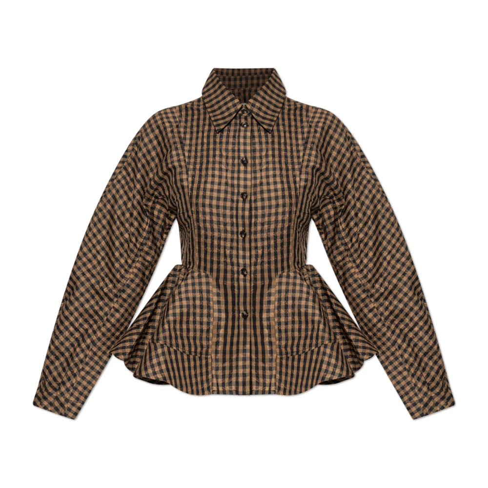 Ganni Women's Brown Crinkle Peplum Shirt - Shirts - Xs - Blouses & Shirts