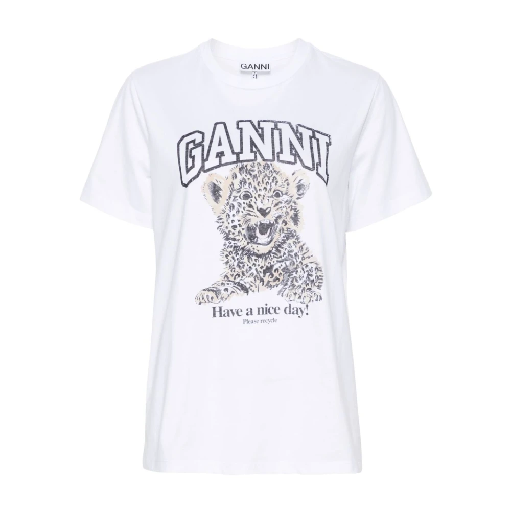 Ganni Broderad Logotyp Bomull T-shirt MultiFärg White, Dam