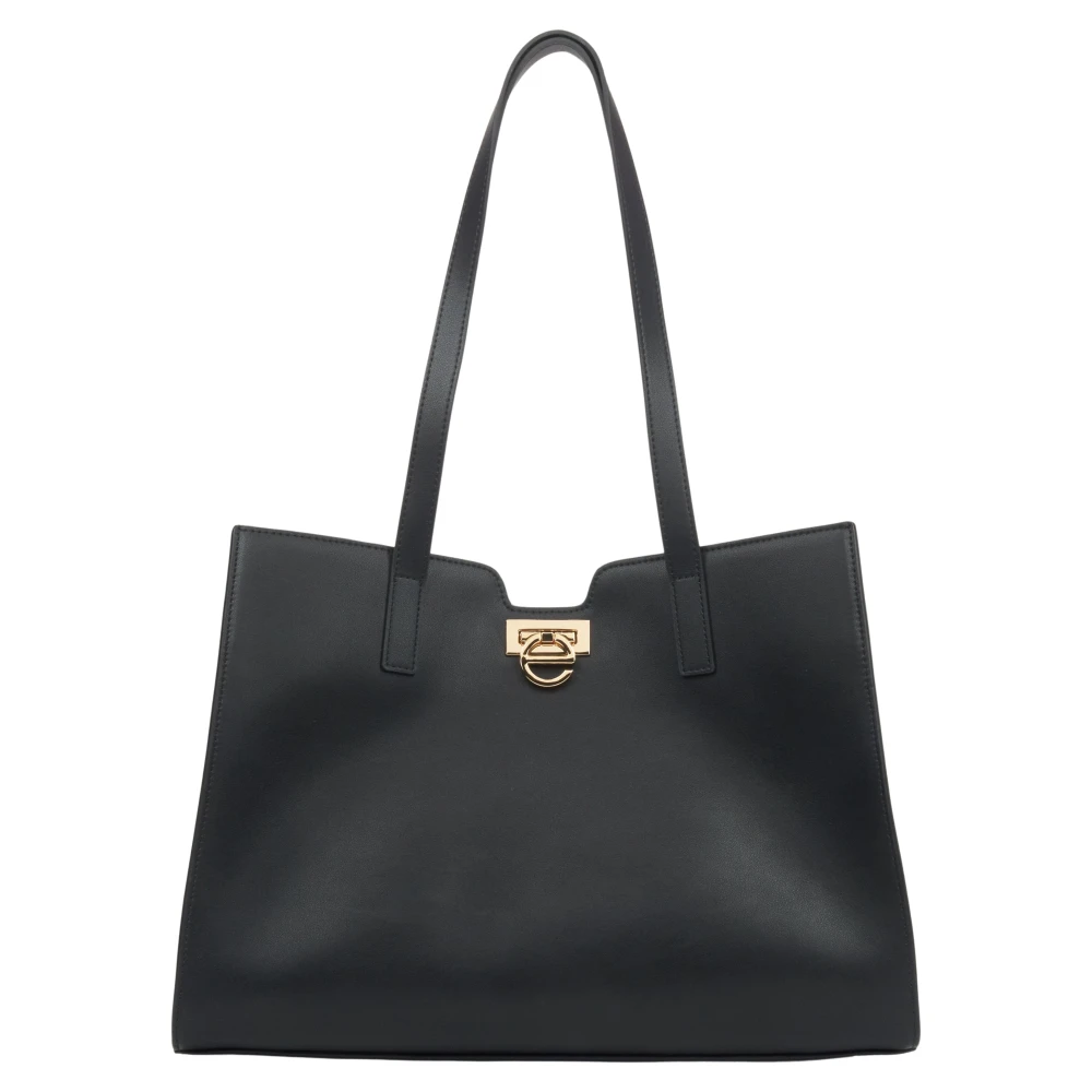 Estro Dames Zwarte Leren Shopper Tas met Gouden Hardware Er00115797 Black Dames