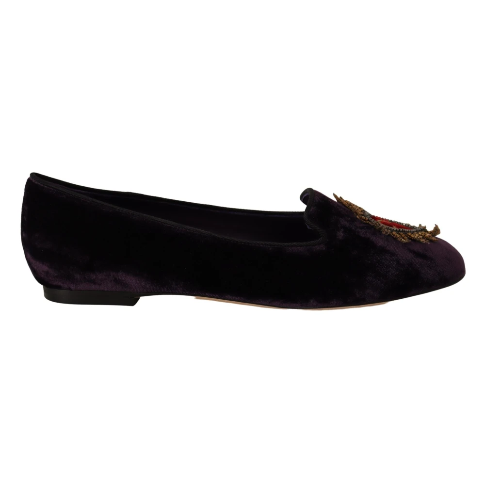 Dolce & Gabbana Women's Purple Velvet Dg Heart Loafers Flats Shoes