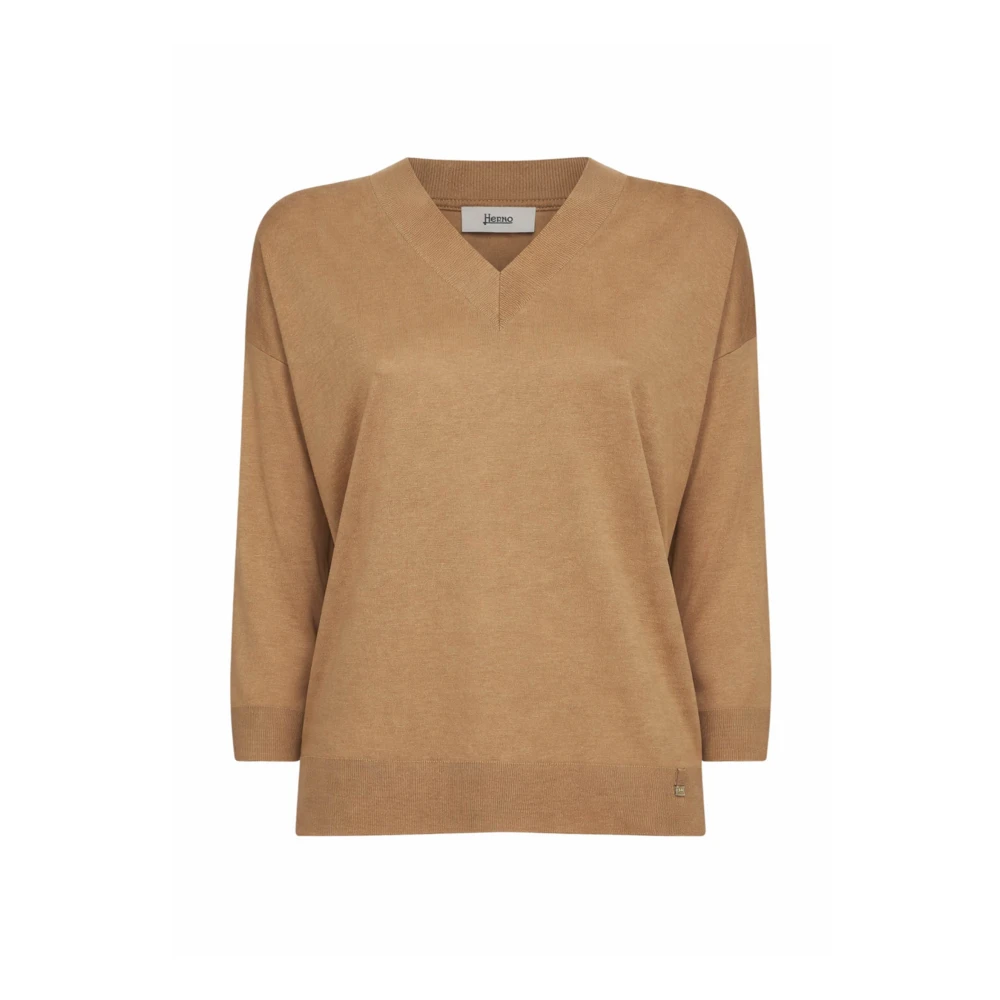 Herno Women's Brown V-Neck Knitwear, S, V-Neck Jumper