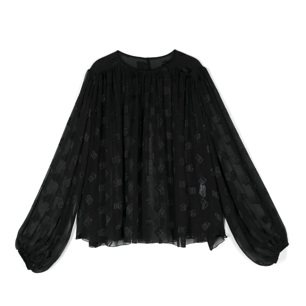 Dolce & Gabbana Jacquard Logo Blouse Zwart Zijde Viscose Black Dames