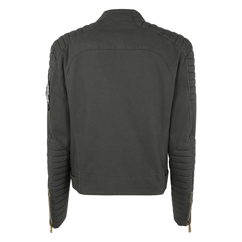 Balmain Denim Bikerjack met Patch Green Heren