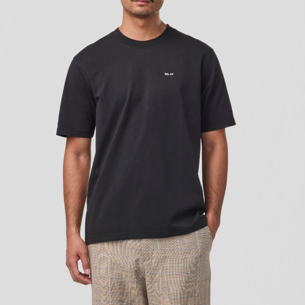 Nn07 Zwart Geborduurd T-shirt met Ribdetail Black Heren
