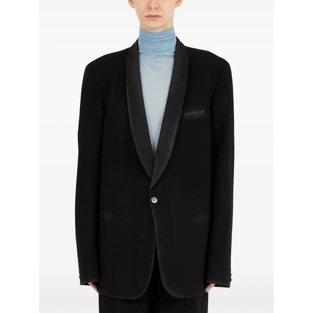 Maison Margiela Zwarte Wollen Jas met Handtekeninglogo Black Dames