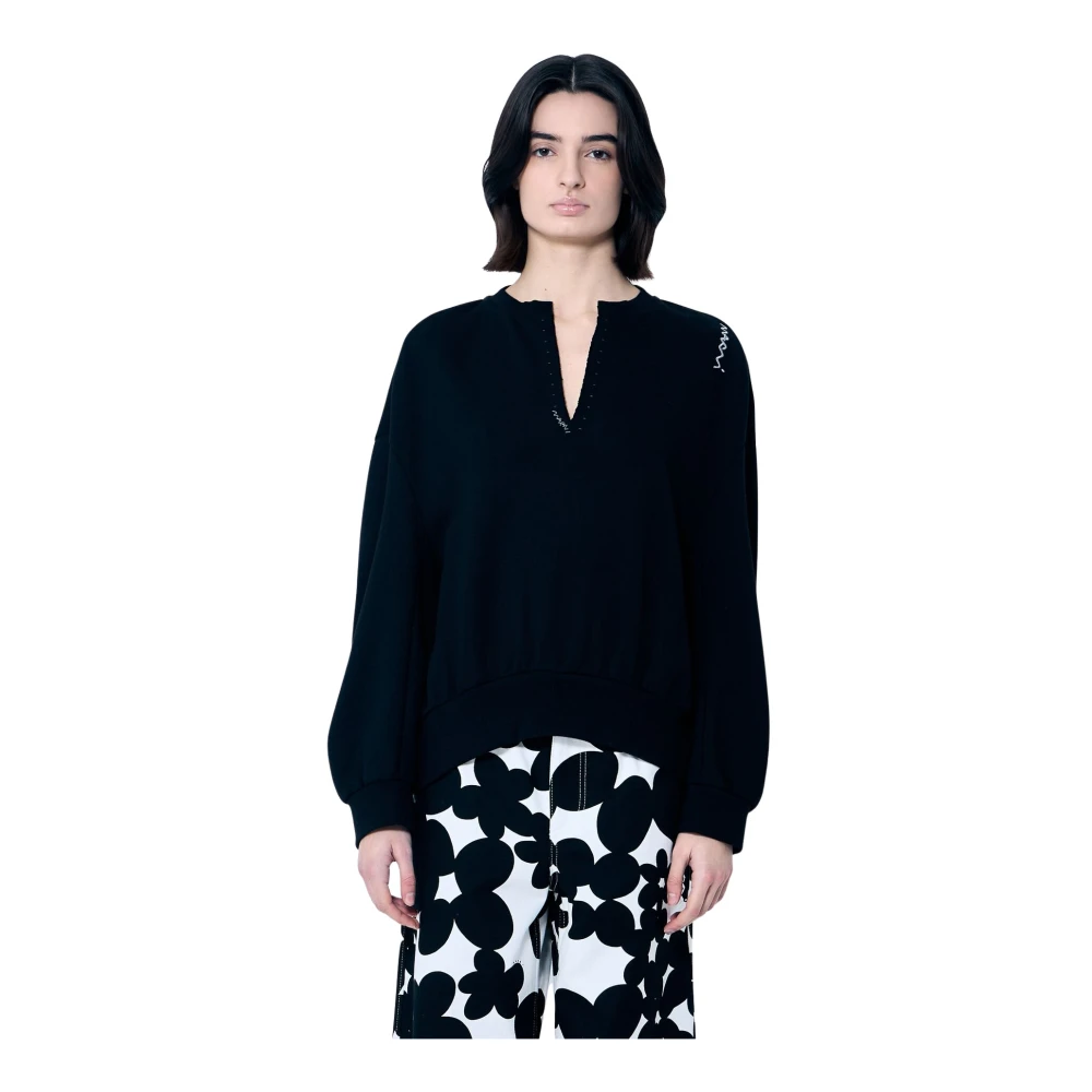 Marni Handtekening Topstitch V-Hals Sweatshirt Black Dames