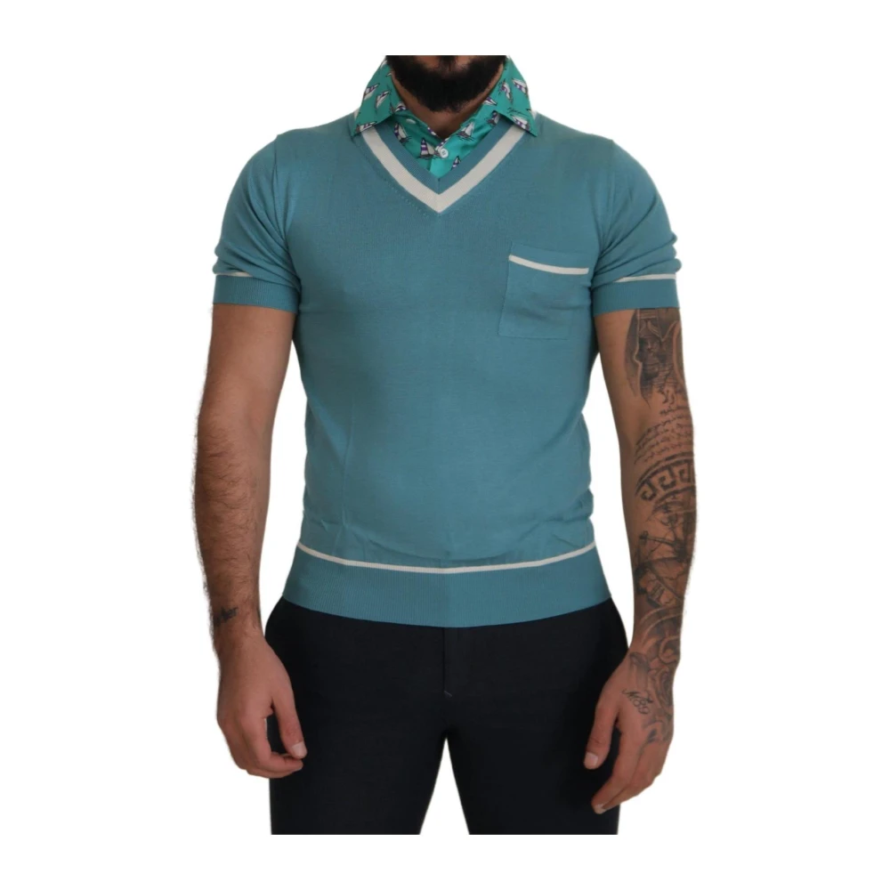 Dolce & Gabbana Blue V-Neck Knitwear, Male, Xl, Silk Polo T-Shirt Short Sleeve