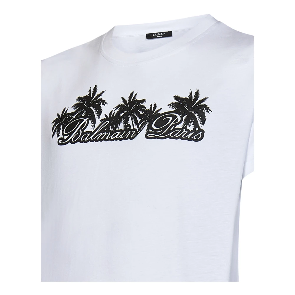 Balmain Wit Palmboom Logo T-Shirt White Heren