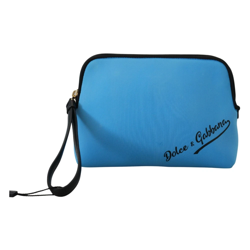 Dolce & Gabbana Blauwe Logo Print Hand Pouch Luipaardprint Toilettas Blue Dames