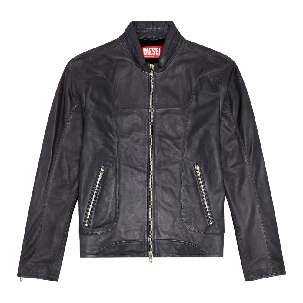 Diesel Leather biker jacket with piping Black Heren