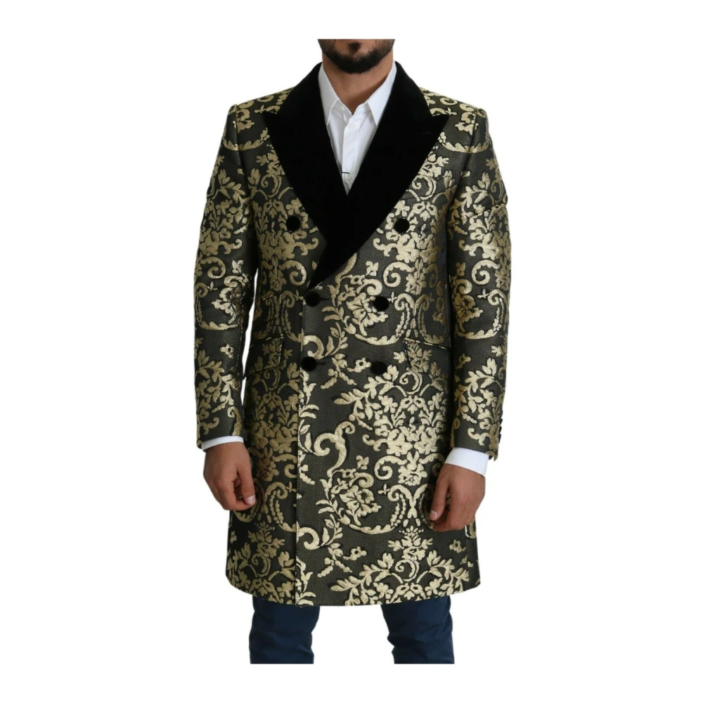 Dolce & Gabbana Men's Black/Gold Jacquard Long Coat Sicilia