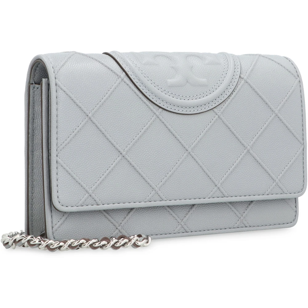 TORY BURCH Geëmbosseerde leren portemonnee met ketting Gray Dames