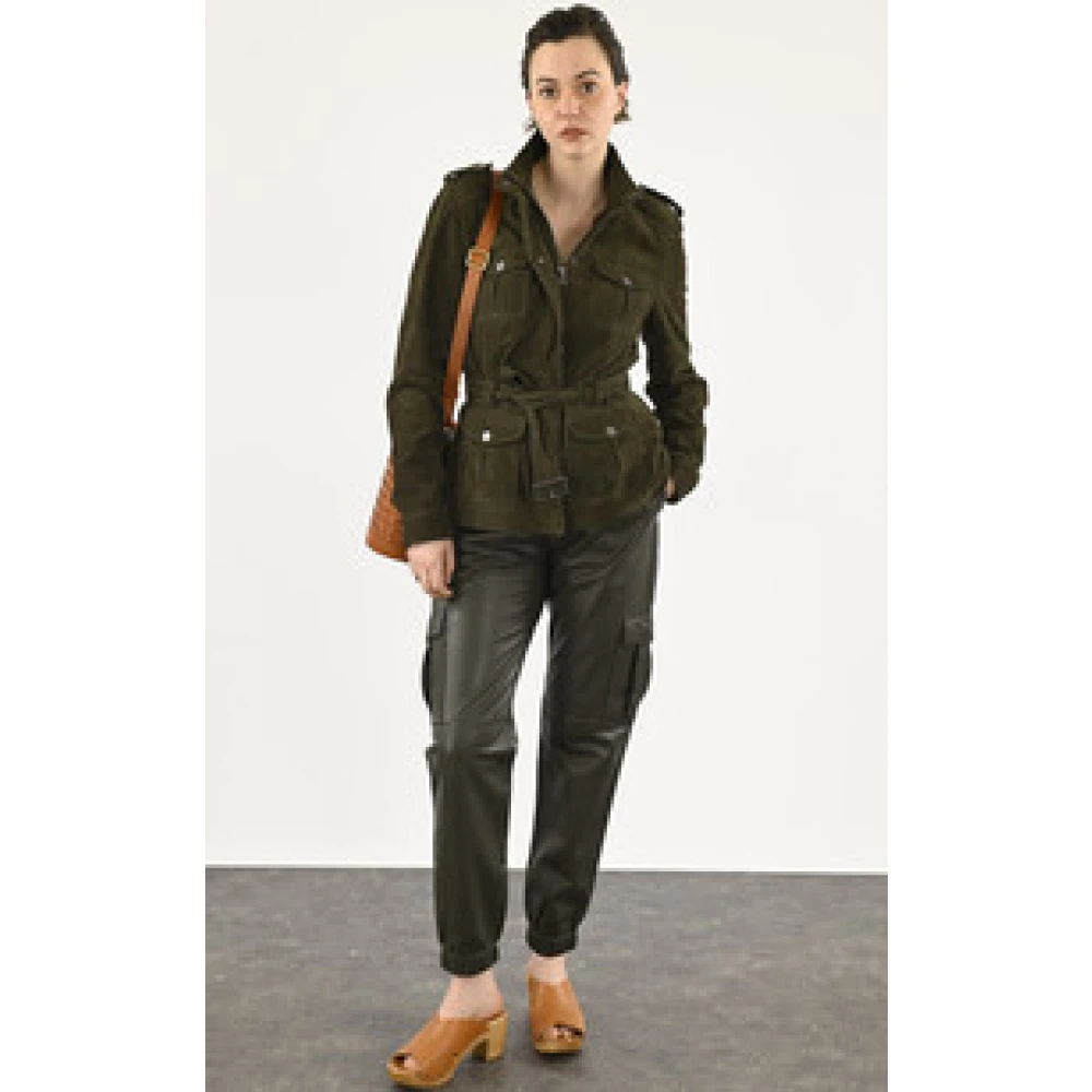 La Canadienne Fluweel khaki leren safari jas Green Dames