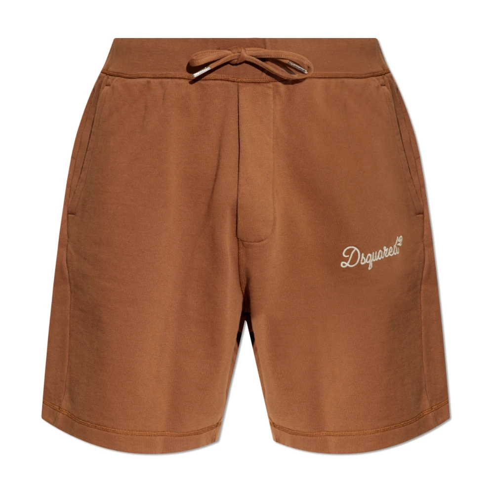 Dsquared2 Men's Brown Relaxed Fit Signature Embroidery Cotton Fleece Shorts - Casual Shorts - L - Shorts