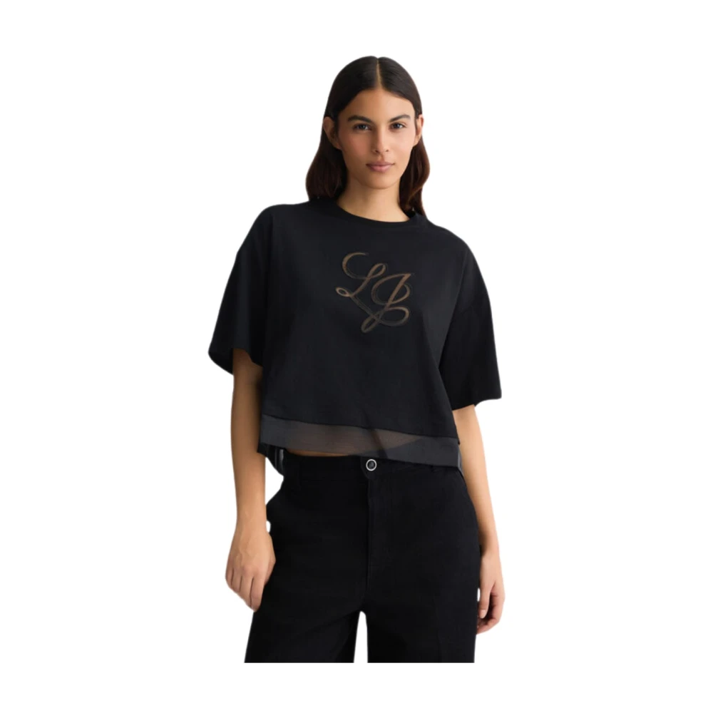 Liu Jo Zwarte Katoenen T-shirt met 3 4 Mouwen Black Dames