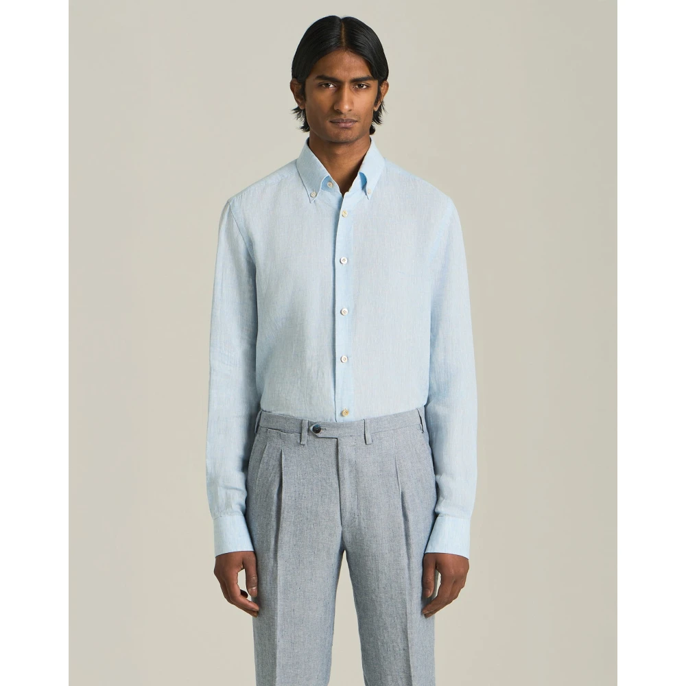 Kiton Handgemaakt Linnen Overhemd Blue Heren