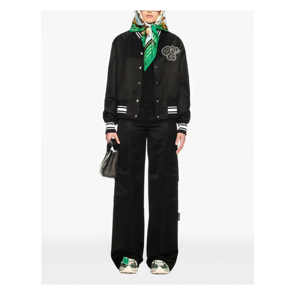 Off White Zwart Wit Satijnen Souvenir Jas Black Dames