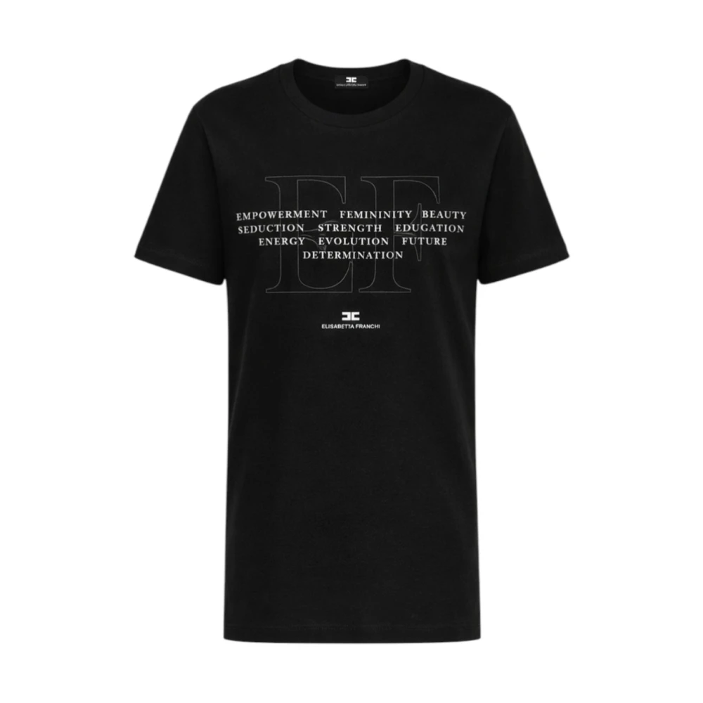 Elisabetta Franchi Black T-Shirts, Female, M, Jersey T-Shirt With Embroidery And Print