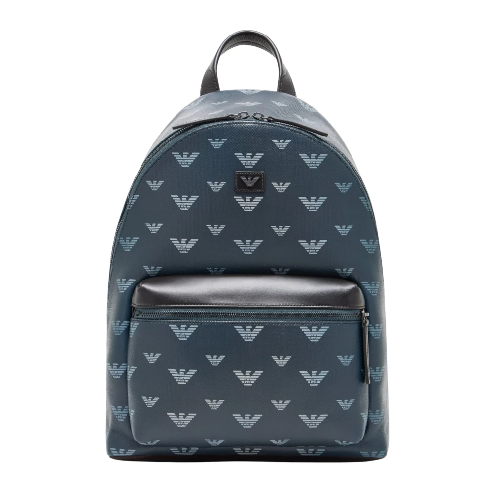 Emporio Armani Unisex Blauw Tassen One Size, Leer, Rugzak In Gecoat Canvas Met All-Over Adelaar