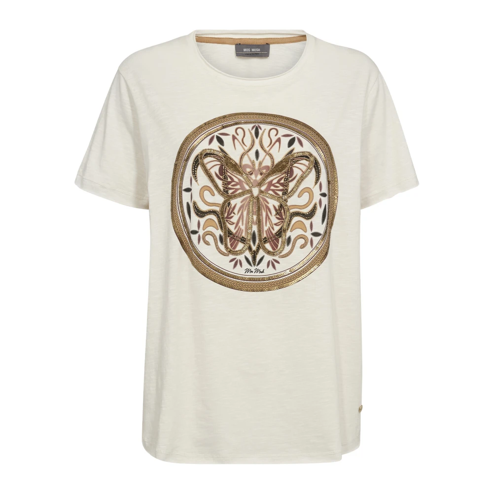 MOS MOSH Geborduurd T-shirt met kralen en pailletten Beige Dames