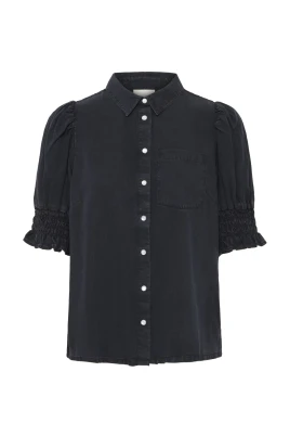 Svart Tvättad Blus med Puffärmar