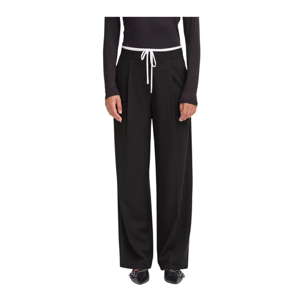 Ichi Women's Black Wide Trousers, Xs, Lace-Up Front Pocket Trousers