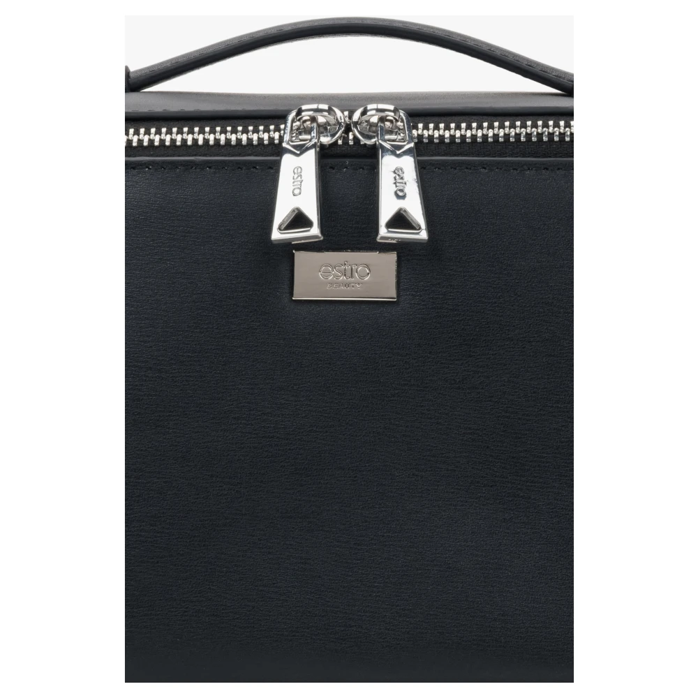 Estro Zwarte Leren Compacte Make-up Tas voor Vrouwen Black Dames