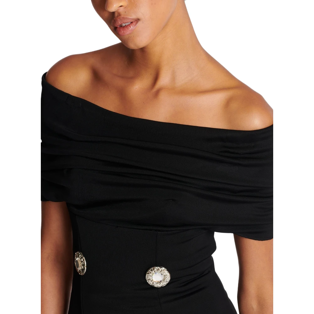 Balmain Off-Shoulder Jersey Jurk met Decoratieve Knoop Black Dames