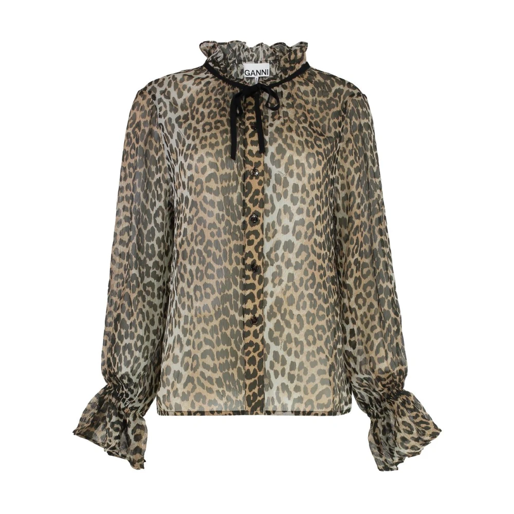 Ganni , Blouses, Female, Multicolor, L, Leopard Chiffon Ruffle Blouse