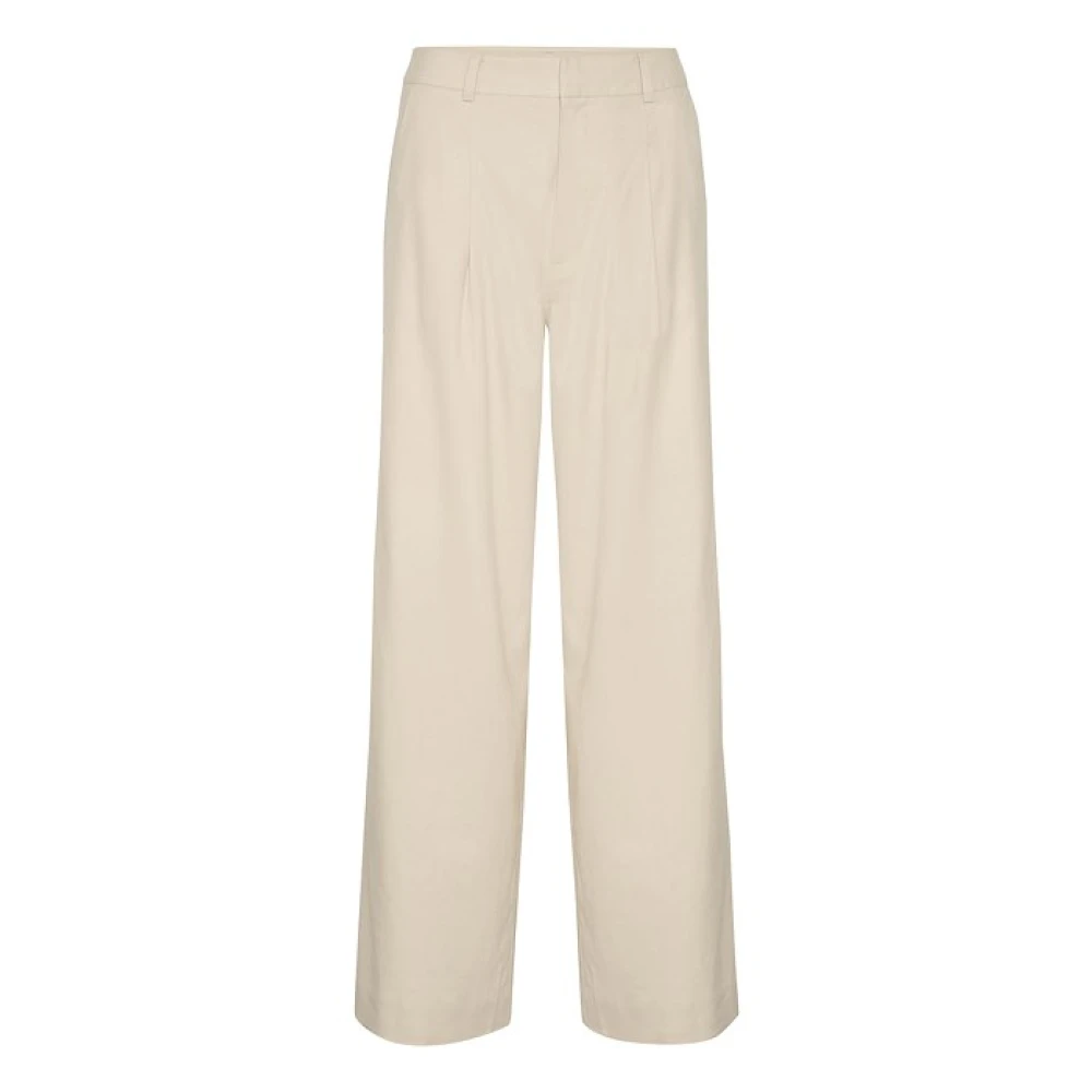 Gestuz Beige Wide Trousers, Female, Xs, Linen High Waist Trousers