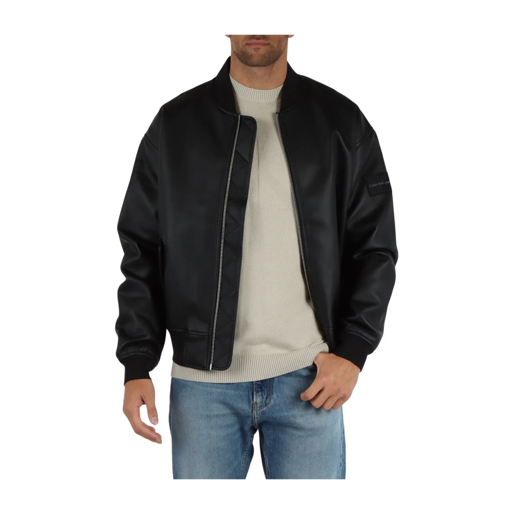 Calvin Klein Jeans Bomberjack van imitatieleer met logopatch Black Heren
