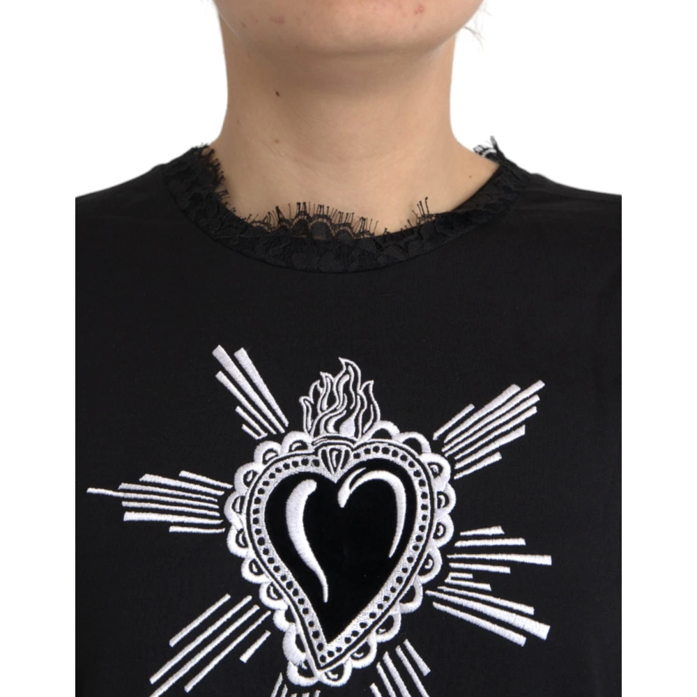 Dolce & Gabbana Zwart kanten T-shirt met Heilig Hart-print Black Dames