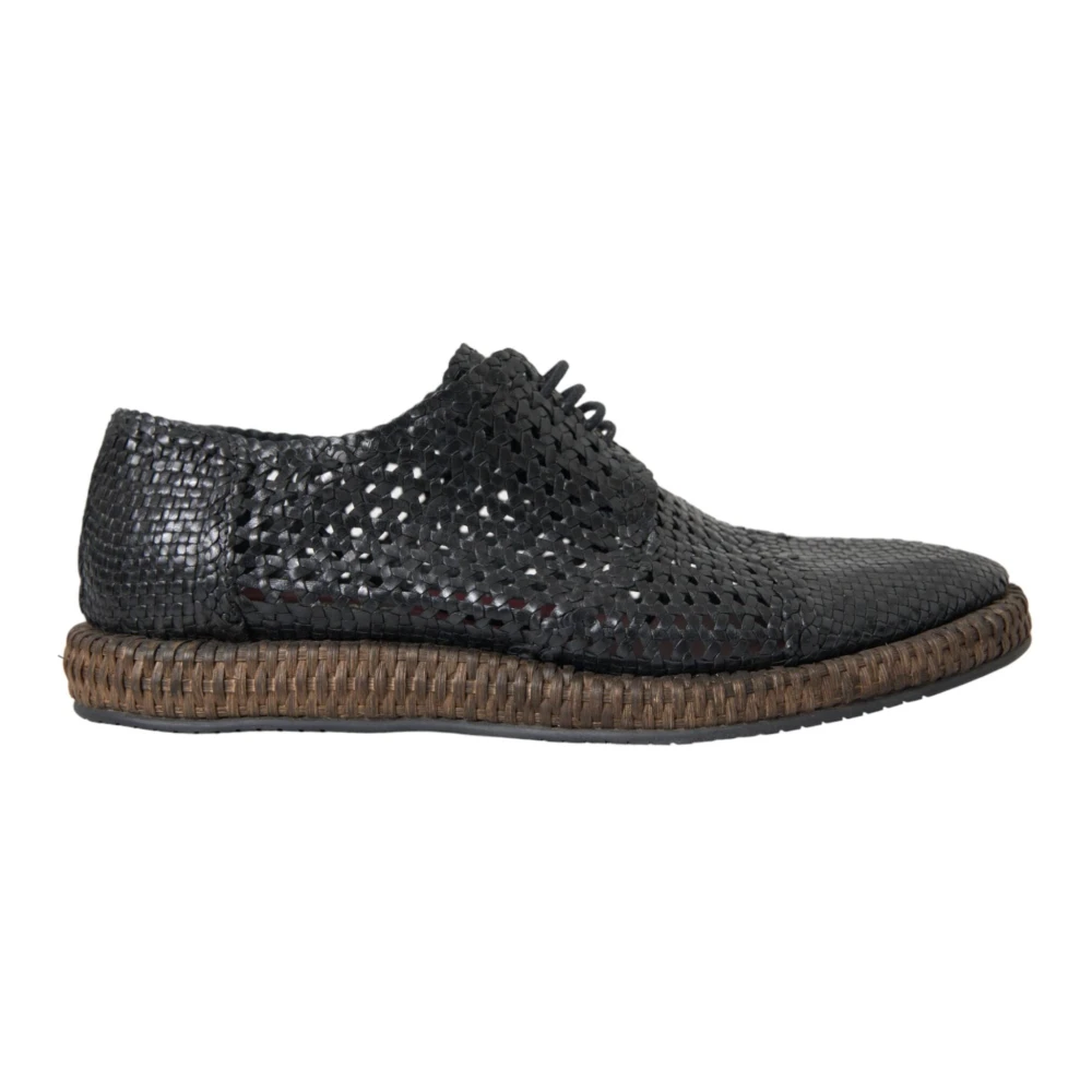 Dolce & Gabbana , Laced Shoes, Male, Black, 6 Uk, Black Woven Goat Leather Derby Shoes