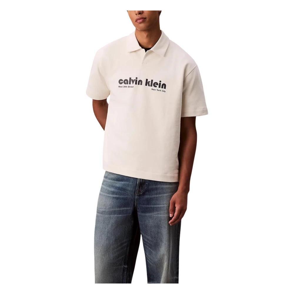 Calvin Klein Jeans Men's Beige Polo Shirts, 2XL, Cotton Terry Logo Polo
