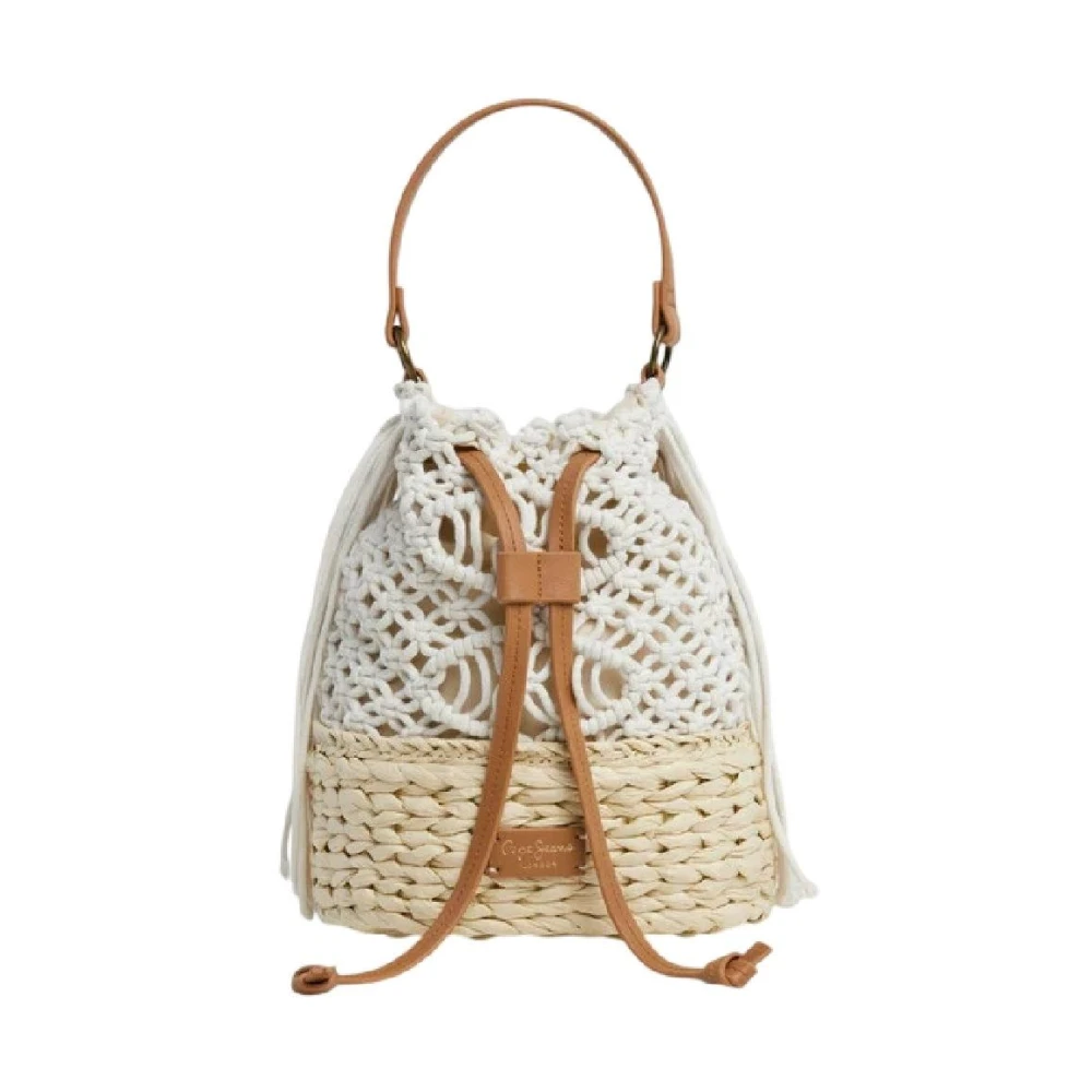 Pepe Jeans Women's Beige Macramé And Raffia Bucket Bag