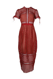 Czerwona Sukienka Midi z Poliestru z Beżowym Podszyciem z Siateczki