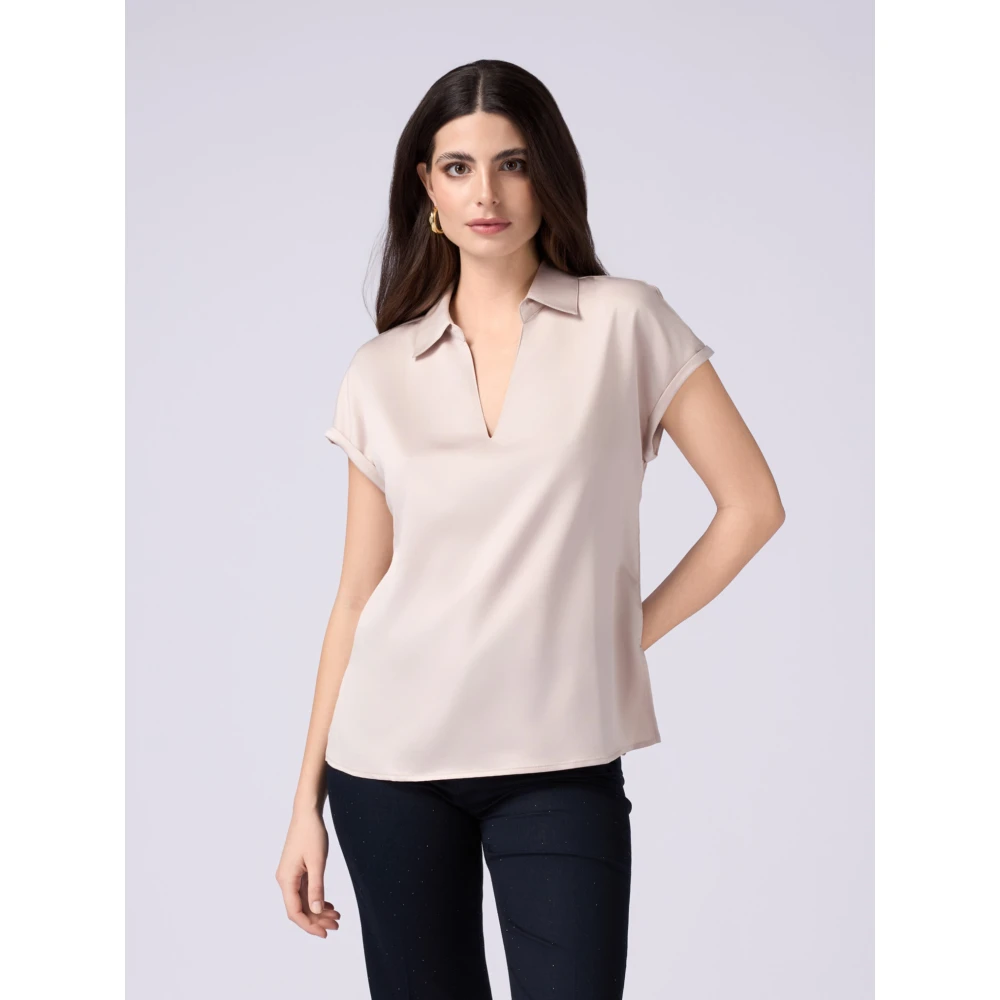 Oltre Twee-materialen T-shirt met V-hals Beige Dames