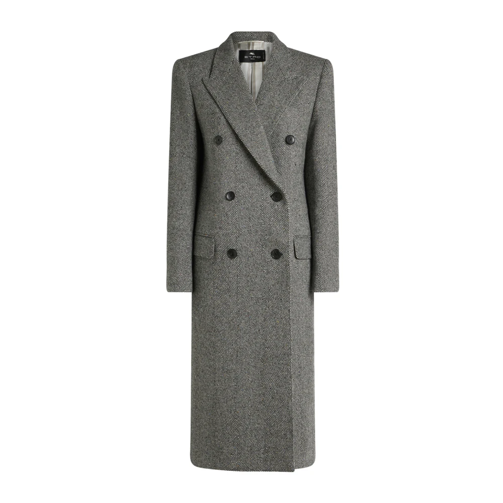 ETRO Chevron Patroon Lange Wollen Jas Gray Dames