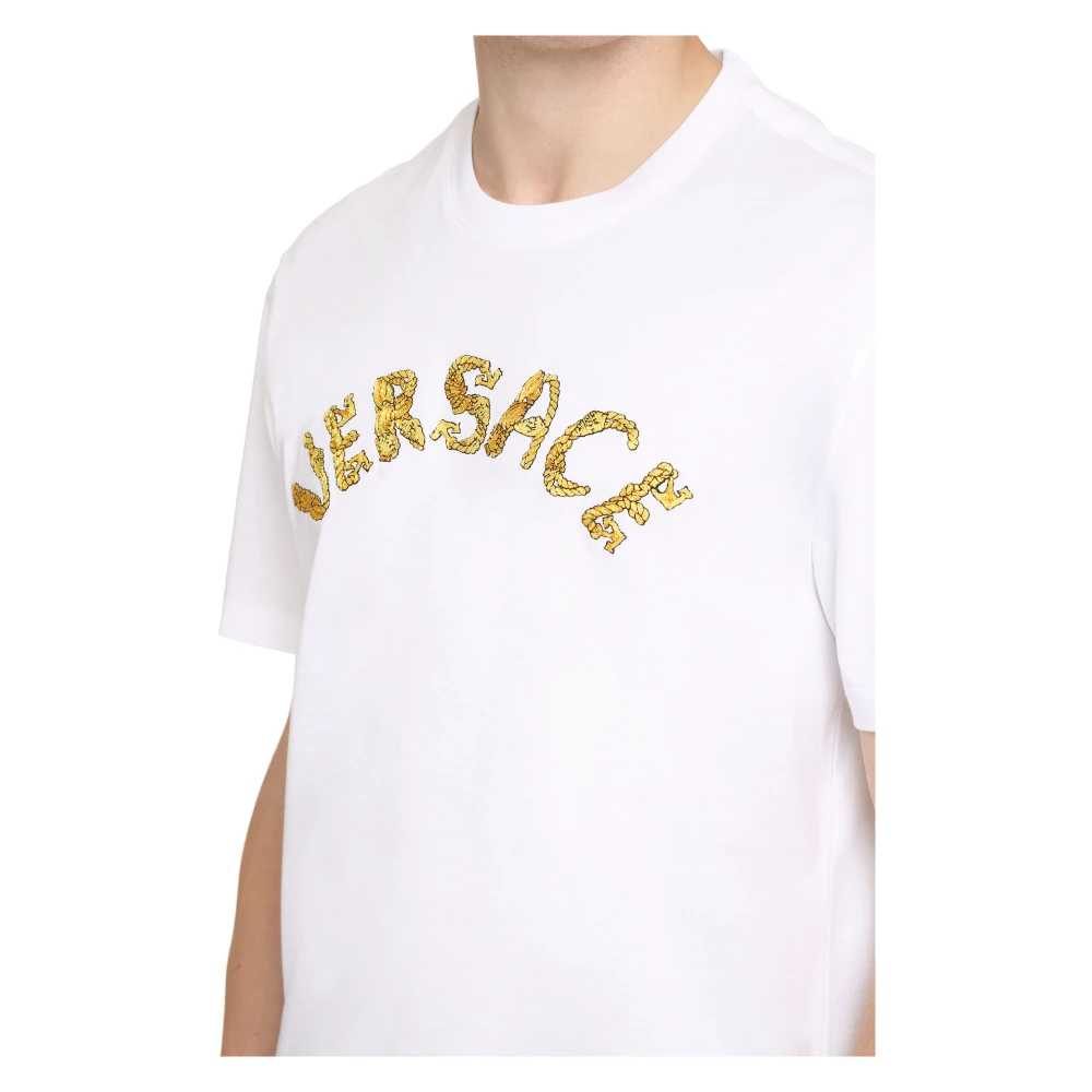 Versace Barok Logo Geborduurd Katoenen T-Shirt White Heren