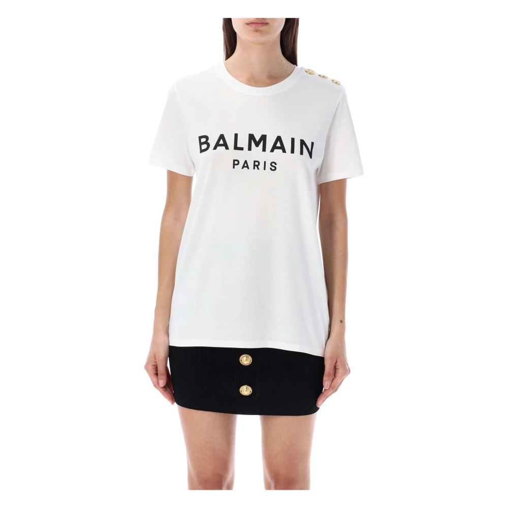 Balmain Paris Flocked T-shirt Bianco Nero White, Dam