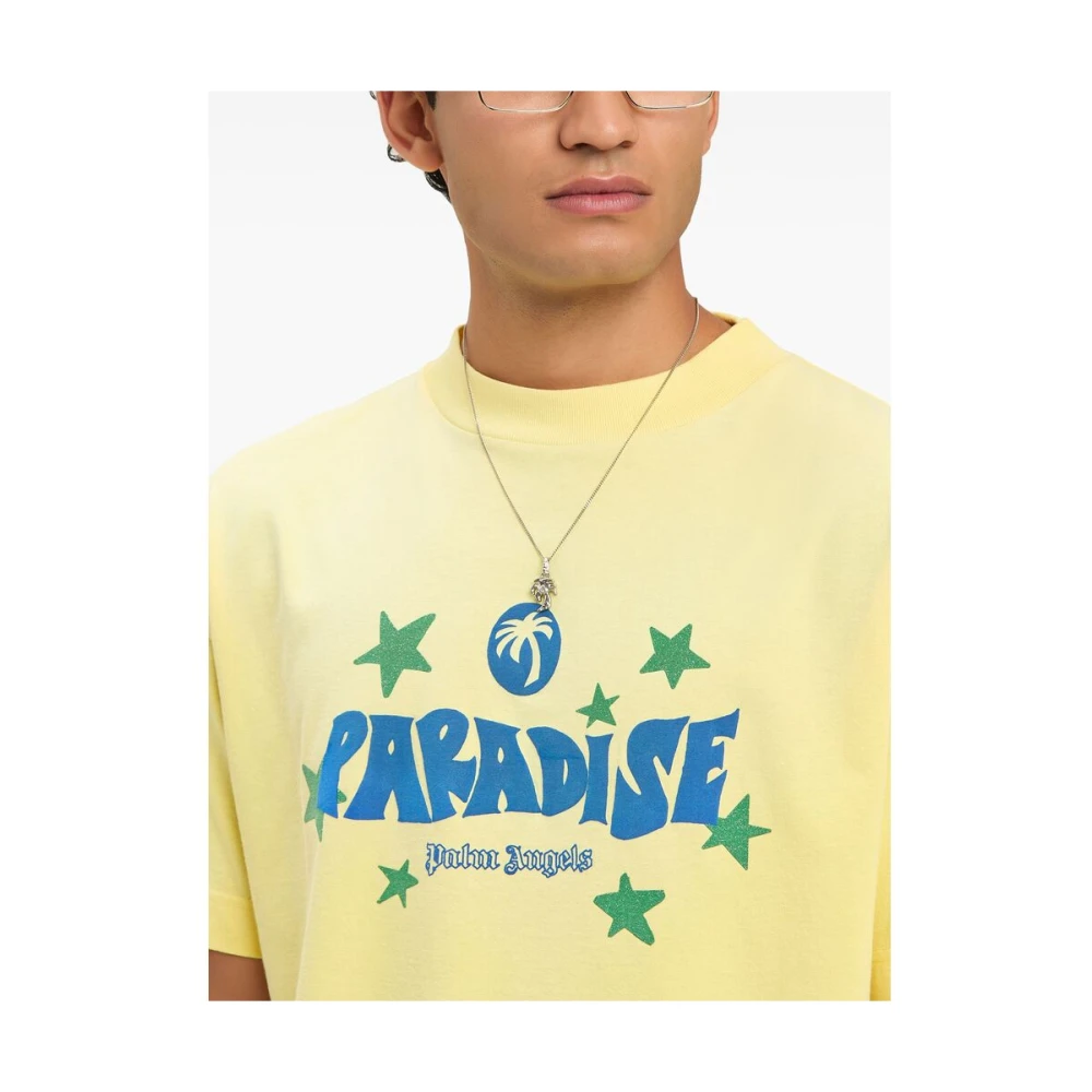 Palm Angels Gele Crew Neck Korte Mouw T-shirt Yellow Heren