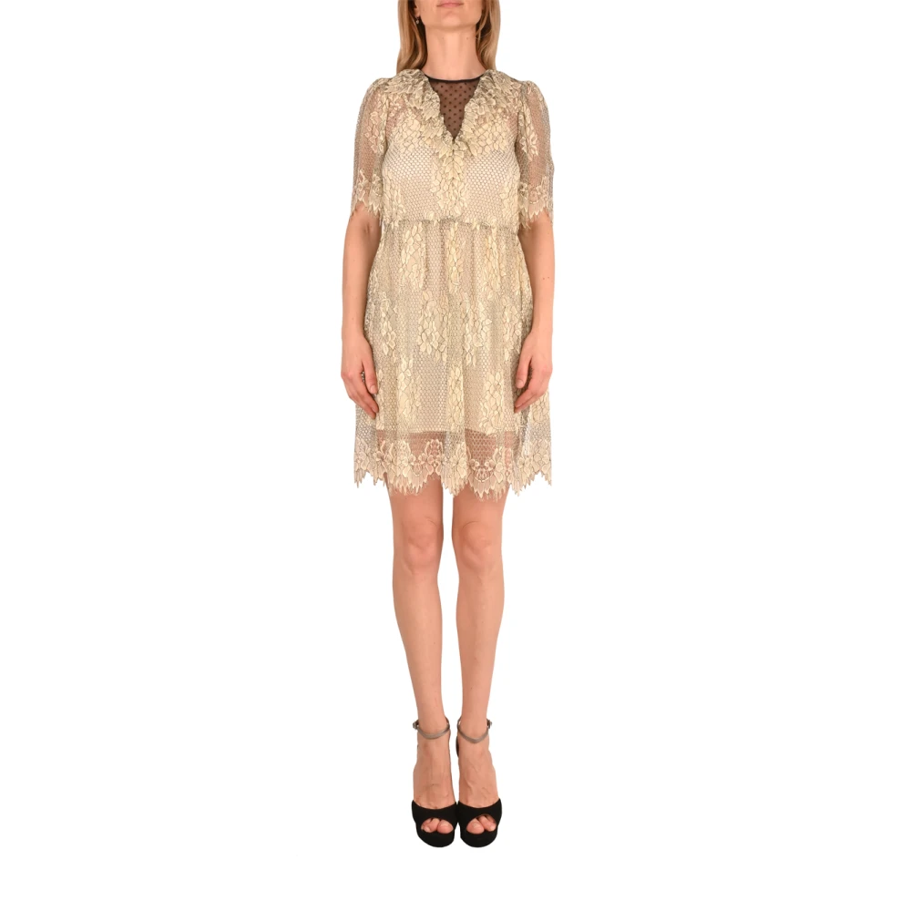 Twinset Bloemenjurk met Plumetis-inzetstukken Beige Dames