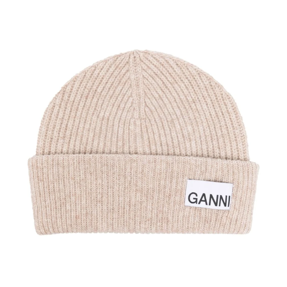 Ganni Räfflad Stickad Logo Patch Beanie Mössa Beige, Dam