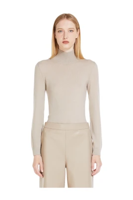 Beige Jersey Hög Hals Ribbstickad Tröja