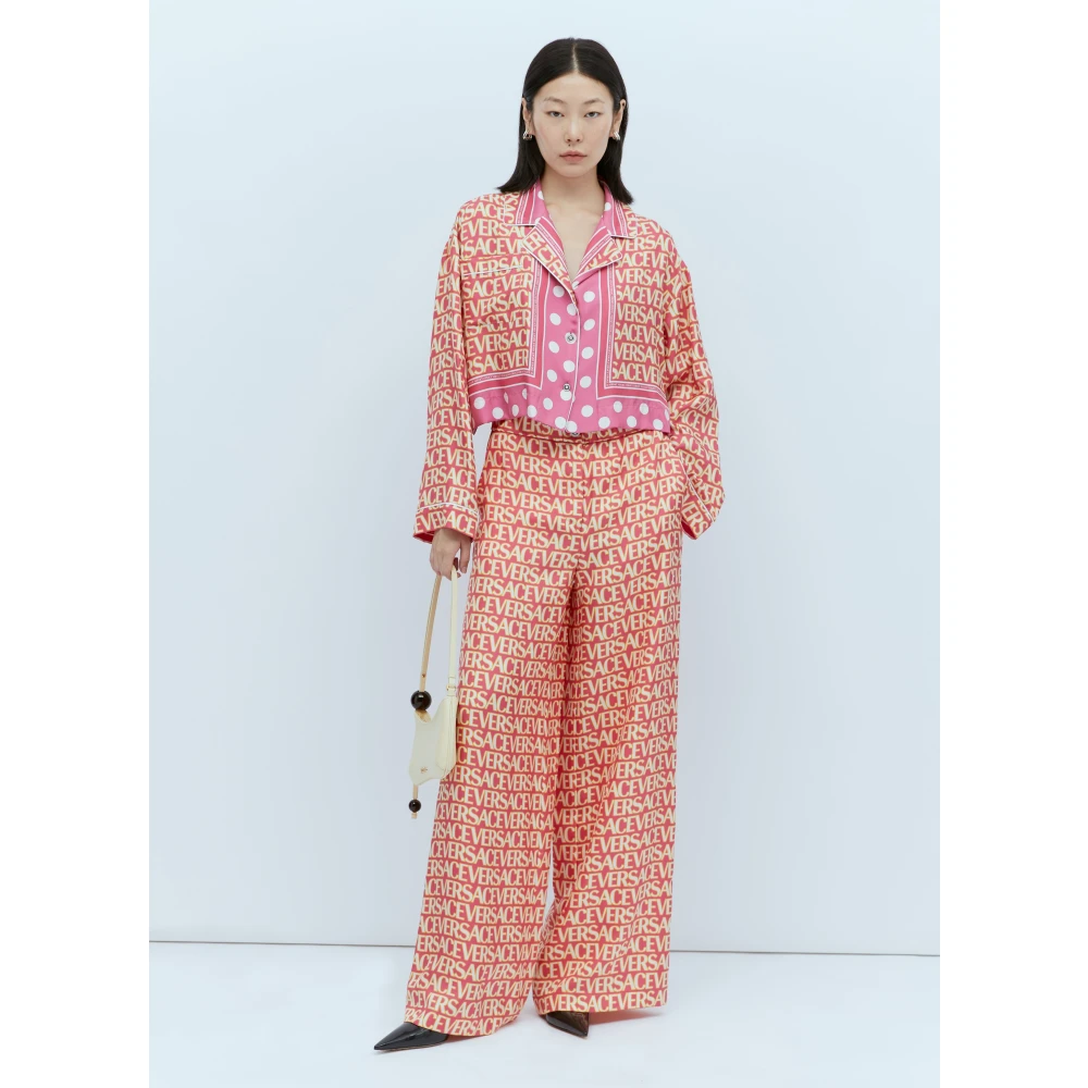 Versace Zijden Logo Print Broek Pink Dames